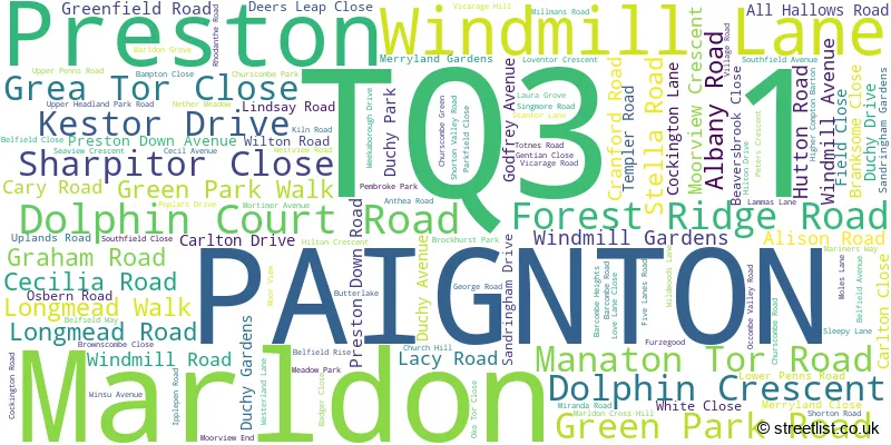 A word cloud for the TQ3 1 postcode